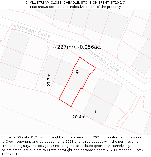 9, MILLSTREAM CLOSE, CHEADLE, STOKE-ON-TRENT, ST10 1XN: Plot and title map
