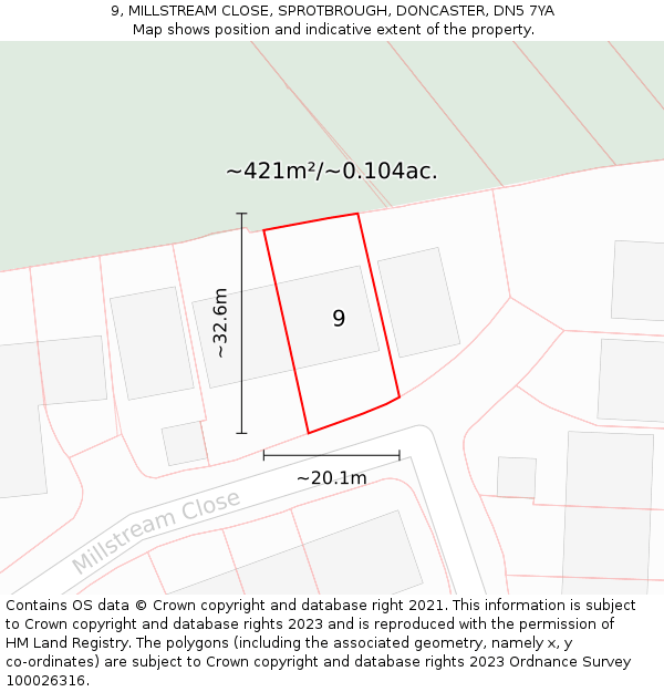 9, MILLSTREAM CLOSE, SPROTBROUGH, DONCASTER, DN5 7YA: Plot and title map