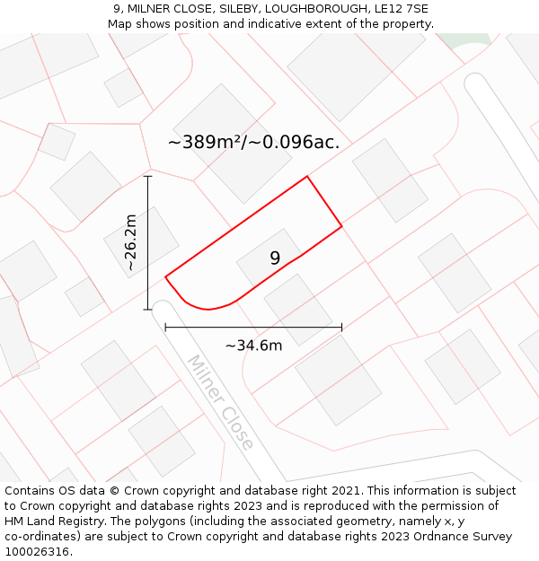 9, MILNER CLOSE, SILEBY, LOUGHBOROUGH, LE12 7SE: Plot and title map