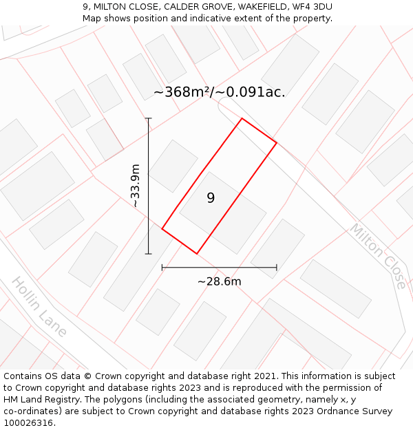 9, MILTON CLOSE, CALDER GROVE, WAKEFIELD, WF4 3DU: Plot and title map
