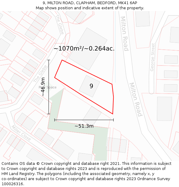 9, MILTON ROAD, CLAPHAM, BEDFORD, MK41 6AP: Plot and title map