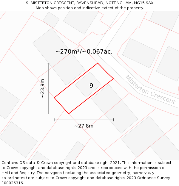 9, MISTERTON CRESCENT, RAVENSHEAD, NOTTINGHAM, NG15 9AX: Plot and title map