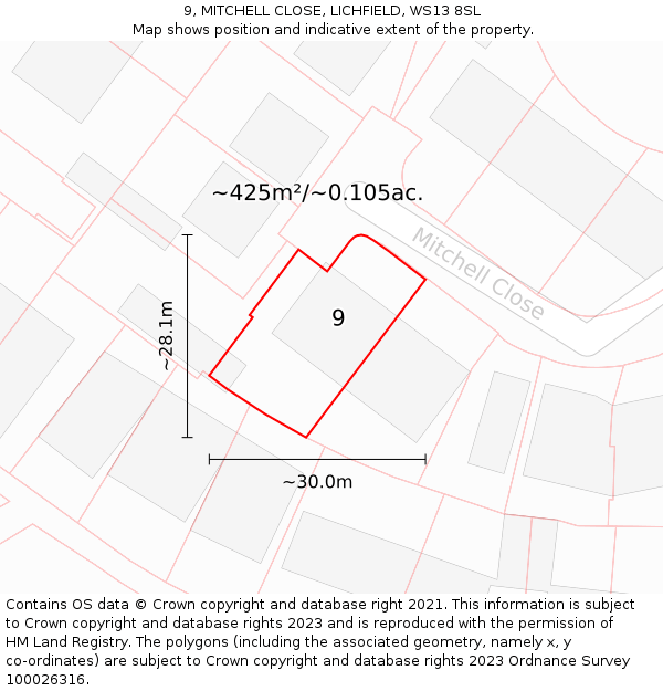 9, MITCHELL CLOSE, LICHFIELD, WS13 8SL: Plot and title map