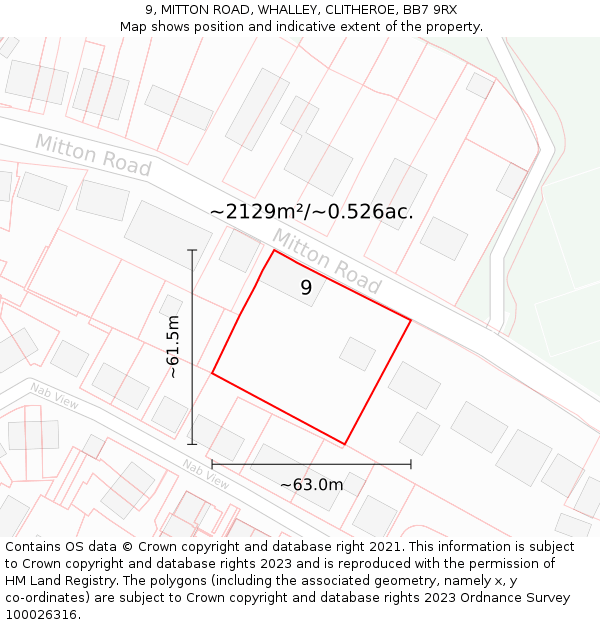 9, MITTON ROAD, WHALLEY, CLITHEROE, BB7 9RX: Plot and title map