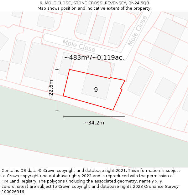 9, MOLE CLOSE, STONE CROSS, PEVENSEY, BN24 5QB: Plot and title map