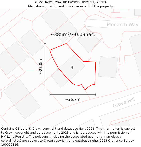9, MONARCH WAY, PINEWOOD, IPSWICH, IP8 3TA: Plot and title map