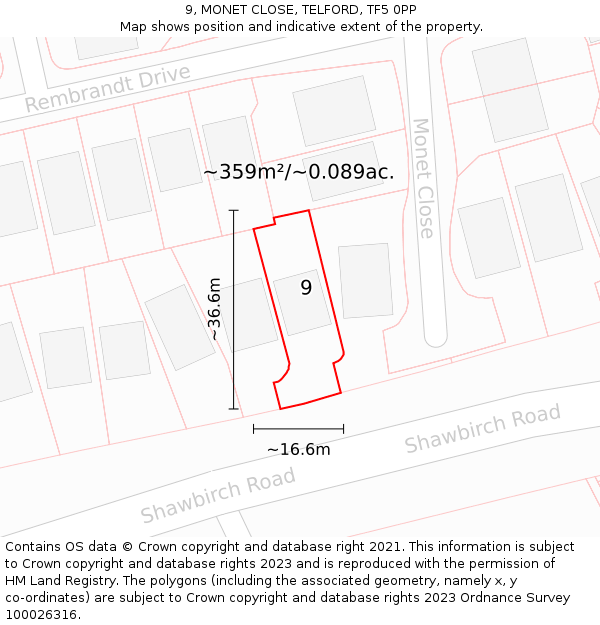 9, MONET CLOSE, TELFORD, TF5 0PP: Plot and title map