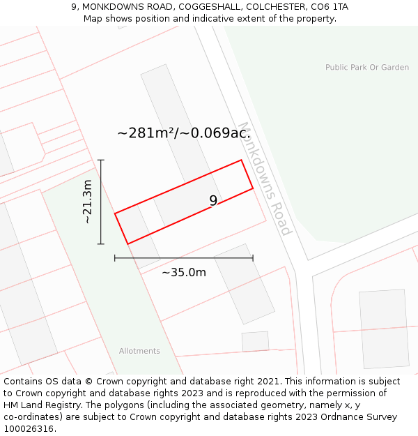 9, MONKDOWNS ROAD, COGGESHALL, COLCHESTER, CO6 1TA: Plot and title map