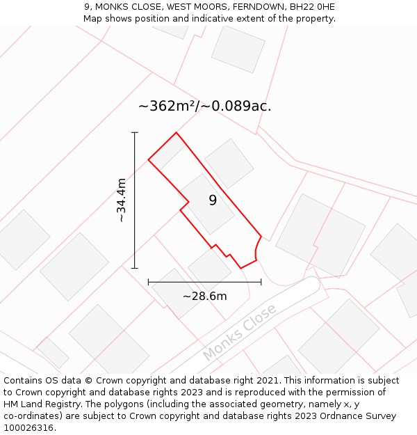 9, MONKS CLOSE, WEST MOORS, FERNDOWN, BH22 0HE: Plot and title map