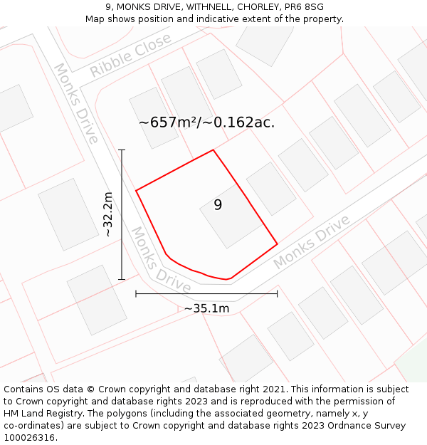 9, MONKS DRIVE, WITHNELL, CHORLEY, PR6 8SG: Plot and title map
