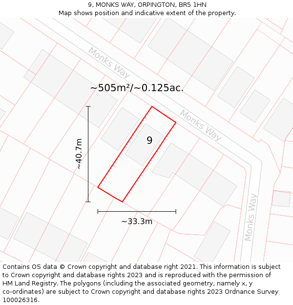 9, MONKS WAY, ORPINGTON, BR5 1HN: Plot and title map