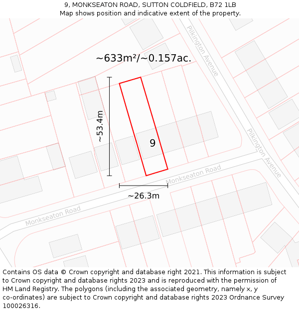 9, MONKSEATON ROAD, SUTTON COLDFIELD, B72 1LB: Plot and title map