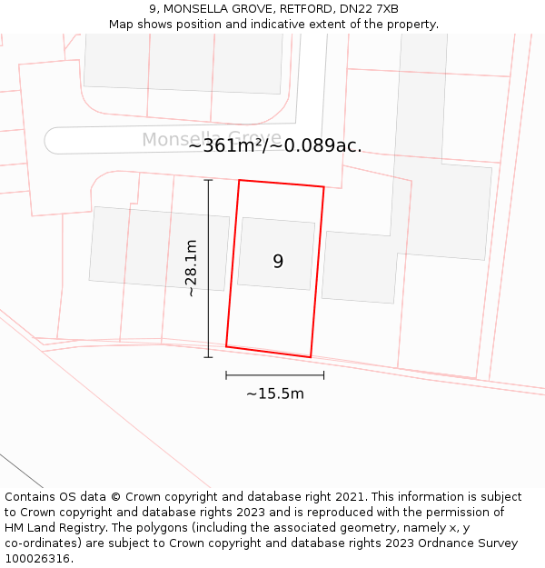 9, MONSELLA GROVE, RETFORD, DN22 7XB: Plot and title map
