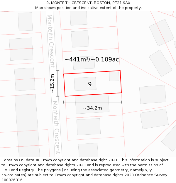 9, MONTEITH CRESCENT, BOSTON, PE21 9AX: Plot and title map