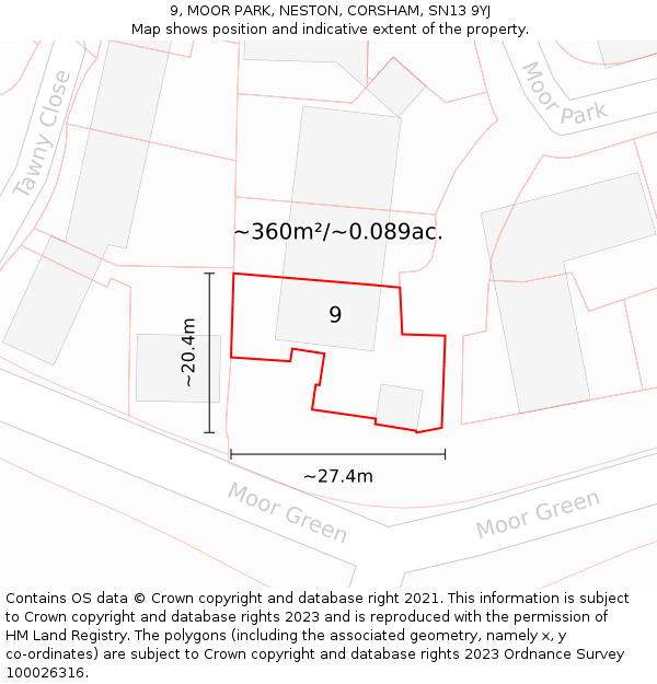 9, MOOR PARK, NESTON, CORSHAM, SN13 9YJ: Plot and title map
