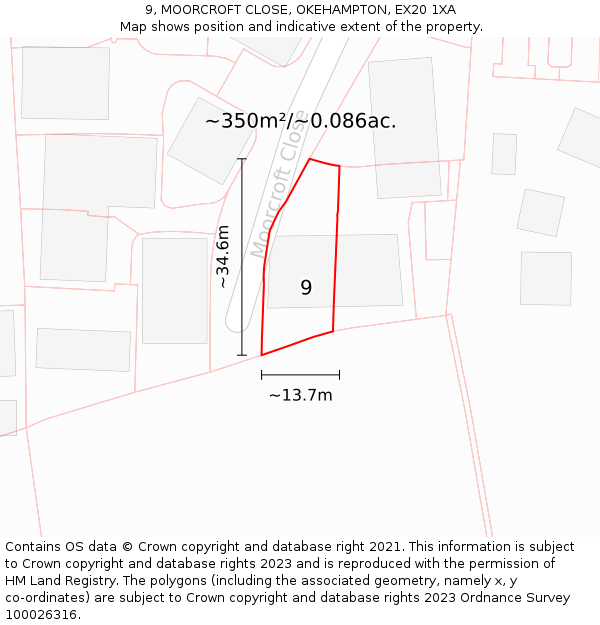 9, MOORCROFT CLOSE, OKEHAMPTON, EX20 1XA: Plot and title map