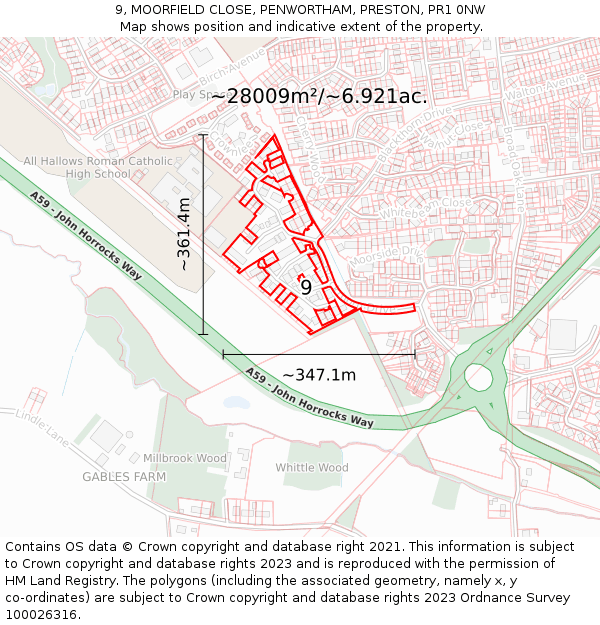 9, MOORFIELD CLOSE, PENWORTHAM, PRESTON, PR1 0NW: Plot and title map