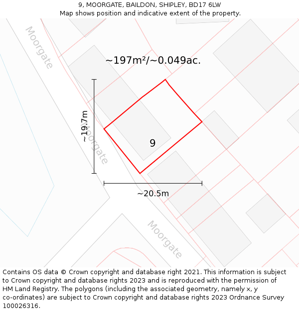 9, MOORGATE, BAILDON, SHIPLEY, BD17 6LW: Plot and title map