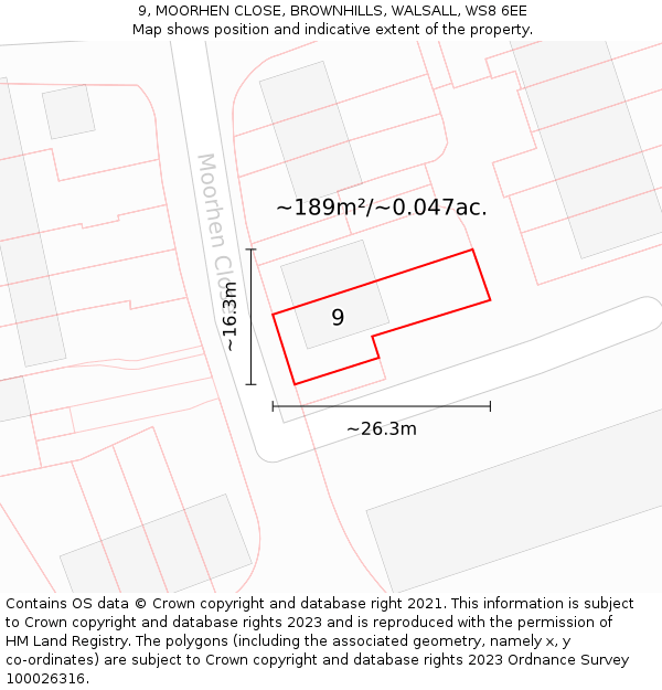 9, MOORHEN CLOSE, BROWNHILLS, WALSALL, WS8 6EE: Plot and title map