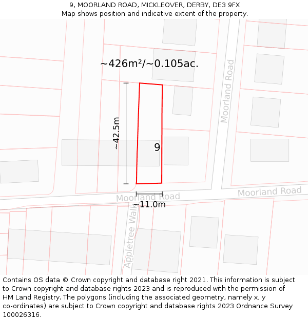 9, MOORLAND ROAD, MICKLEOVER, DERBY, DE3 9FX: Plot and title map