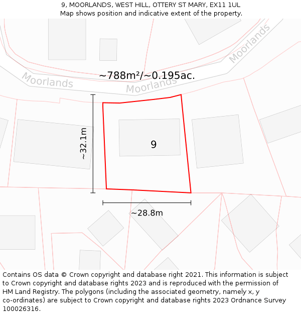 9, MOORLANDS, WEST HILL, OTTERY ST MARY, EX11 1UL: Plot and title map
