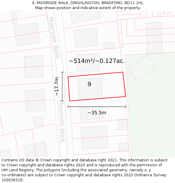 9, MOORSIDE WALK, DRIGHLINGTON, BRADFORD, BD11 1HL: Plot and title map