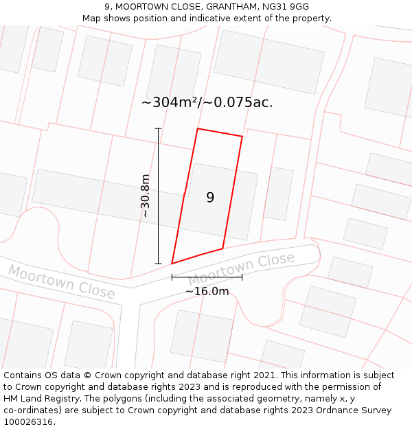 9, MOORTOWN CLOSE, GRANTHAM, NG31 9GG: Plot and title map
