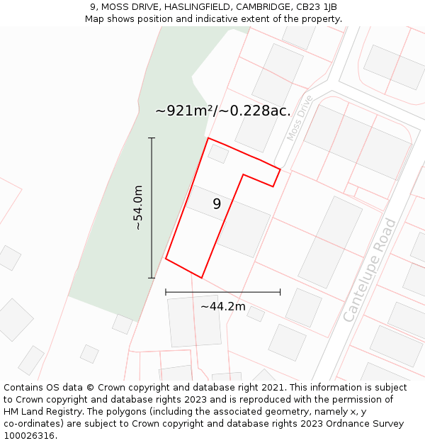 9, MOSS DRIVE, HASLINGFIELD, CAMBRIDGE, CB23 1JB: Plot and title map