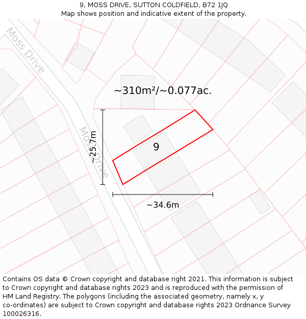 9, MOSS DRIVE, SUTTON COLDFIELD, B72 1JQ: Plot and title map