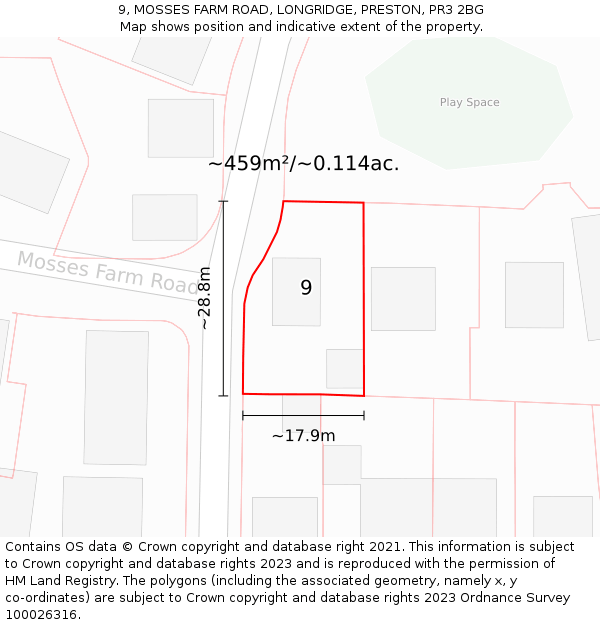 9, MOSSES FARM ROAD, LONGRIDGE, PRESTON, PR3 2BG: Plot and title map