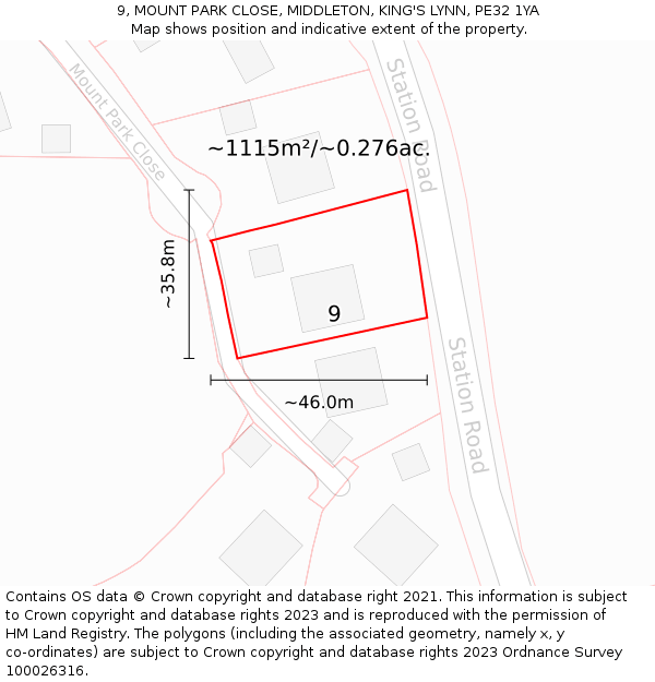 9, MOUNT PARK CLOSE, MIDDLETON, KING'S LYNN, PE32 1YA: Plot and title map