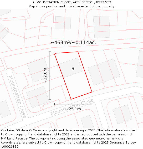 9, MOUNTBATTEN CLOSE, YATE, BRISTOL, BS37 5TD: Plot and title map