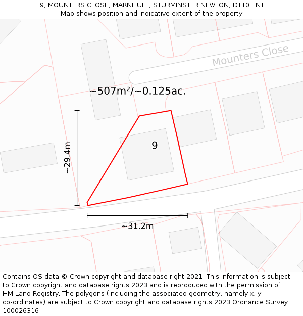 9, MOUNTERS CLOSE, MARNHULL, STURMINSTER NEWTON, DT10 1NT: Plot and title map