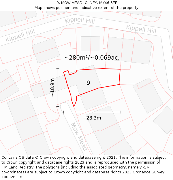 9, MOW MEAD, OLNEY, MK46 5EF: Plot and title map