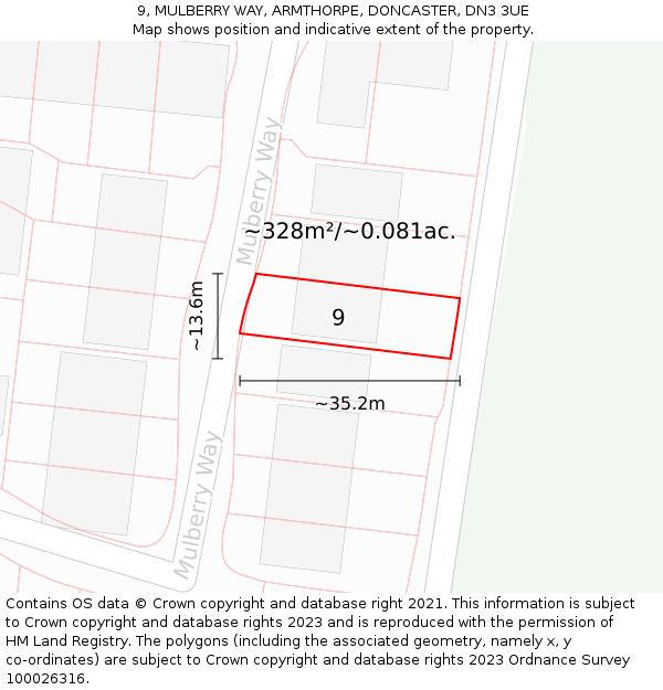 9, MULBERRY WAY, ARMTHORPE, DONCASTER, DN3 3UE: Plot and title map