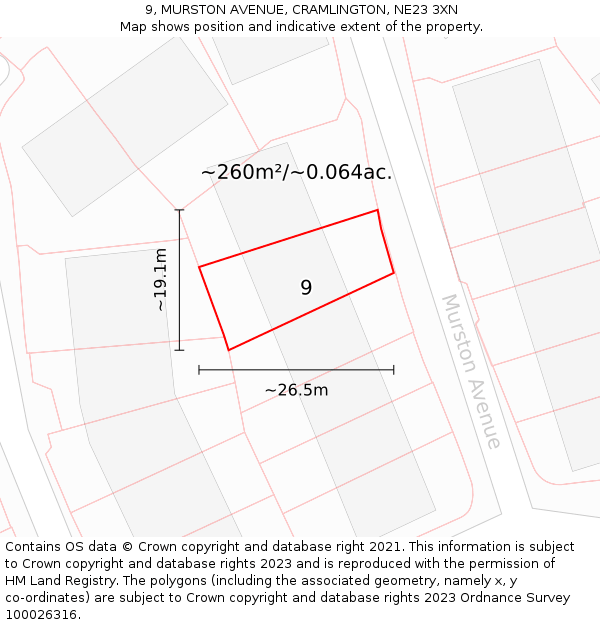 9, MURSTON AVENUE, CRAMLINGTON, NE23 3XN: Plot and title map