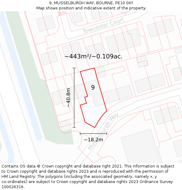 9, MUSSELBURGH WAY, BOURNE, PE10 0XY: Plot and title map
