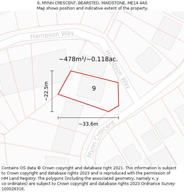 9, MYNN CRESCENT, BEARSTED, MAIDSTONE, ME14 4AS: Plot and title map