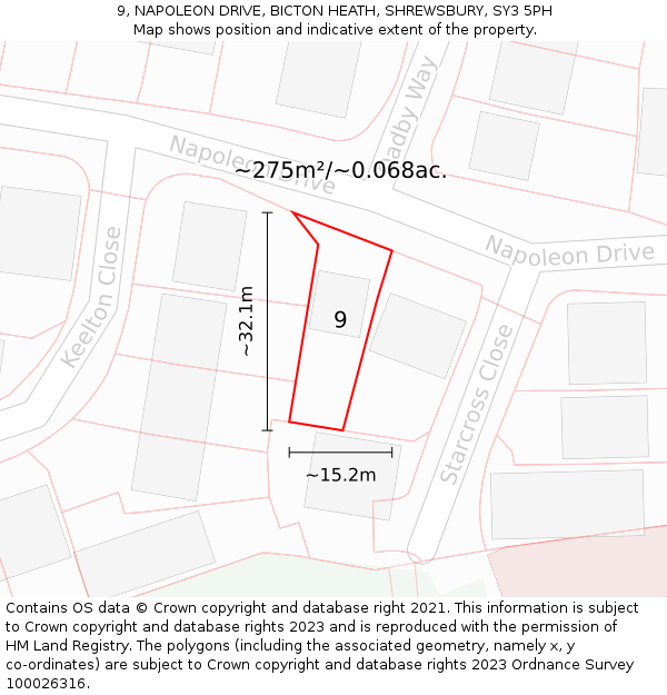9, NAPOLEON DRIVE, BICTON HEATH, SHREWSBURY, SY3 5PH: Plot and title map