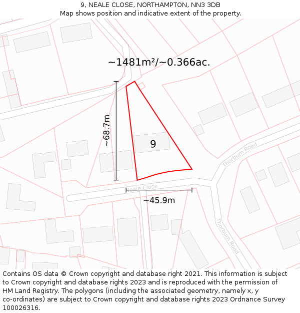 9, NEALE CLOSE, NORTHAMPTON, NN3 3DB: Plot and title map