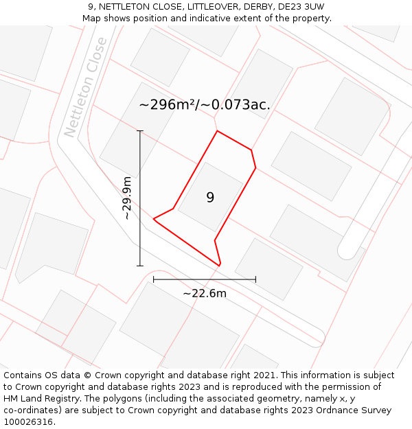9, NETTLETON CLOSE, LITTLEOVER, DERBY, DE23 3UW: Plot and title map
