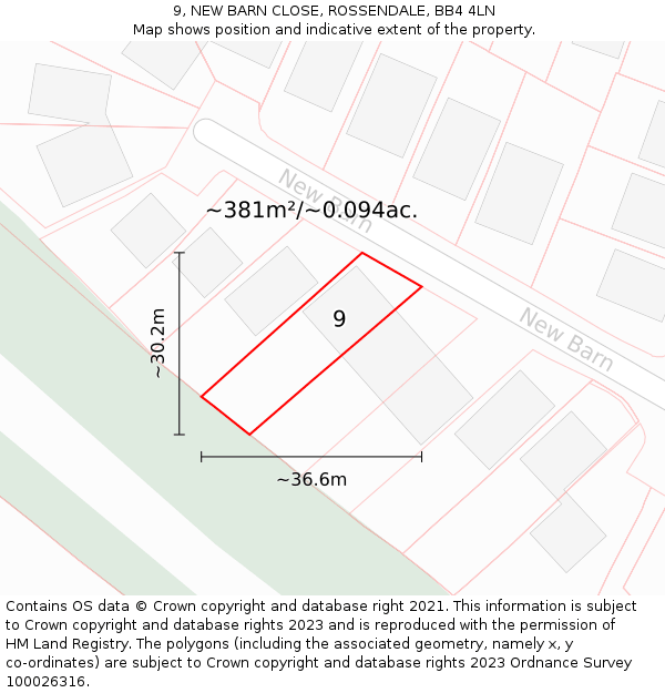 9, NEW BARN CLOSE, ROSSENDALE, BB4 4LN: Plot and title map