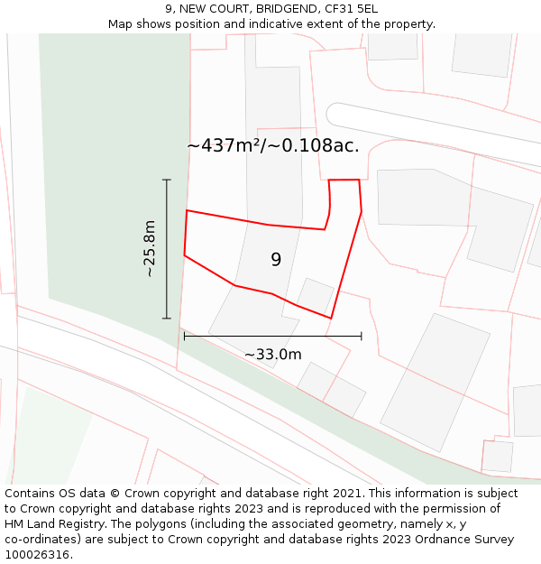 9, NEW COURT, BRIDGEND, CF31 5EL: Plot and title map