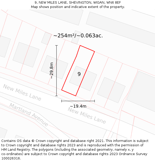 9, NEW MILES LANE, SHEVINGTON, WIGAN, WN6 8EF: Plot and title map