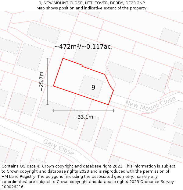 9, NEW MOUNT CLOSE, LITTLEOVER, DERBY, DE23 2NP: Plot and title map