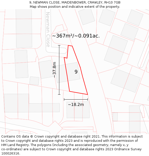 9, NEWMAN CLOSE, MAIDENBOWER, CRAWLEY, RH10 7GB: Plot and title map