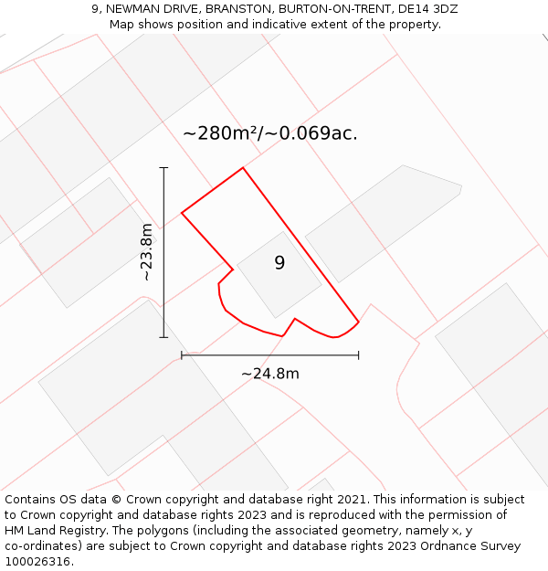 9, NEWMAN DRIVE, BRANSTON, BURTON-ON-TRENT, DE14 3DZ: Plot and title map