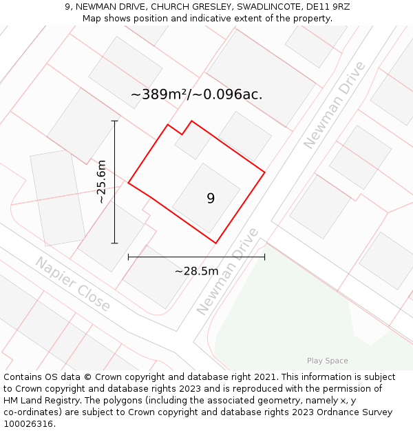 9, NEWMAN DRIVE, CHURCH GRESLEY, SWADLINCOTE, DE11 9RZ: Plot and title map