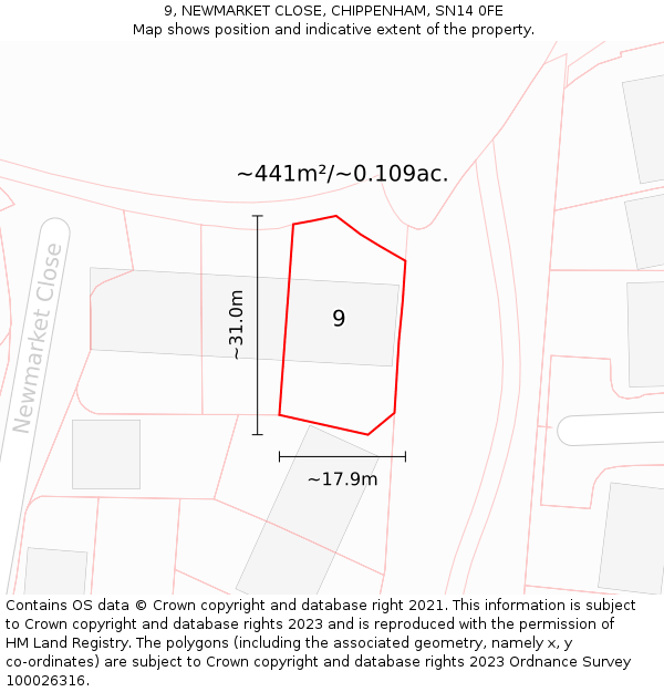 9, NEWMARKET CLOSE, CHIPPENHAM, SN14 0FE: Plot and title map