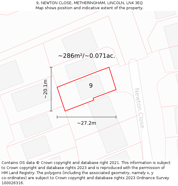 9, NEWTON CLOSE, METHERINGHAM, LINCOLN, LN4 3EQ: Plot and title map